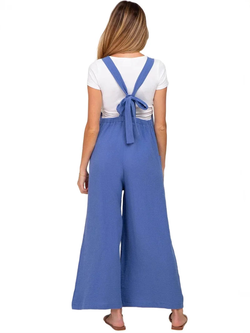 Blue/Black/Khaki Color Women's Casual Maternity Clothing Loose Sleeveless Straps Wide Leg Jumpsuits Pockets for Pregnant Women Overalls for Comfortable Outfits Female Pregnancy Clothing Supplies