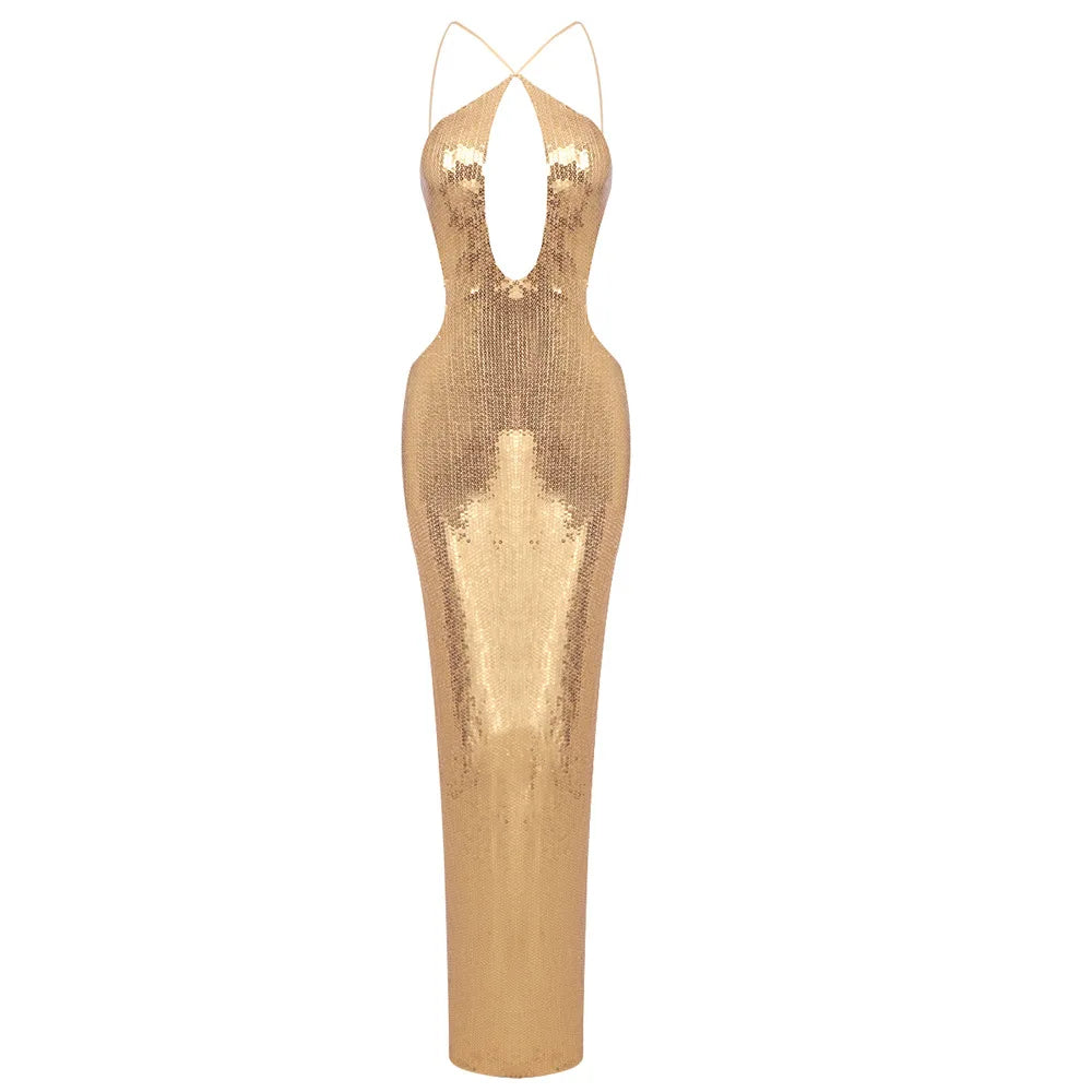 BEST PRICE  Luxury Top Quality Black/Golden Color Boutique Hot Sale Women Sexy Sleeveless Evening Party Wedding Guest Business Night Prom  Halter Sequin Backless Maxi Dresses Formal Gowns
