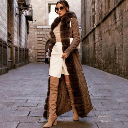 NEW Arrivals Italian Style Women Girls Luxurious Real Fox Fur Cardigan Long Knitted Hooded Sweater, Warm Cardigan, Autumn and Winter Streetwear Supplies Female Ladies Winter Luxury Fashion Clothing Products