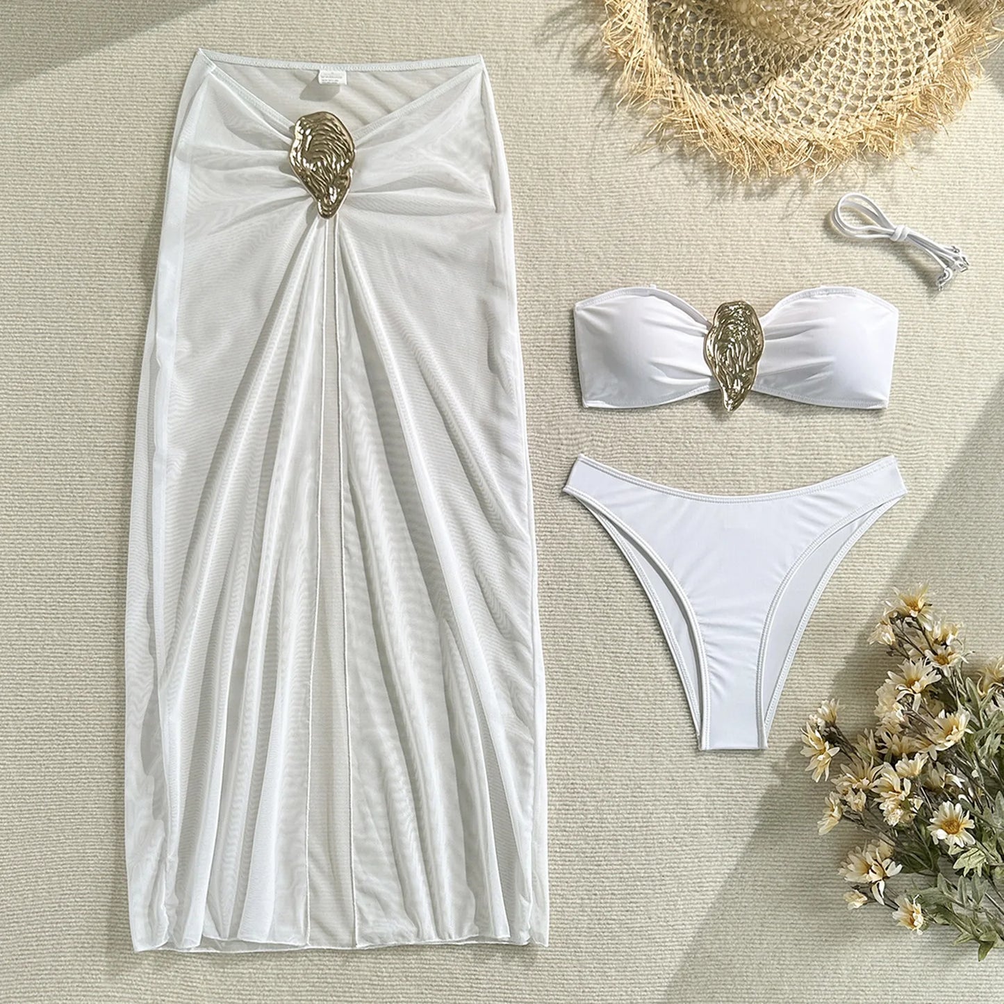 NEW Arrivals 3 PCS Set Black/White/Brown/Red Color Bandeau Top Women Swimwear Brazilian Bikini and See Through Skirt Cover Up S-L Size Summer Vacation Beachwear Swimming Pool Ladies Bathing Apparel Supplies