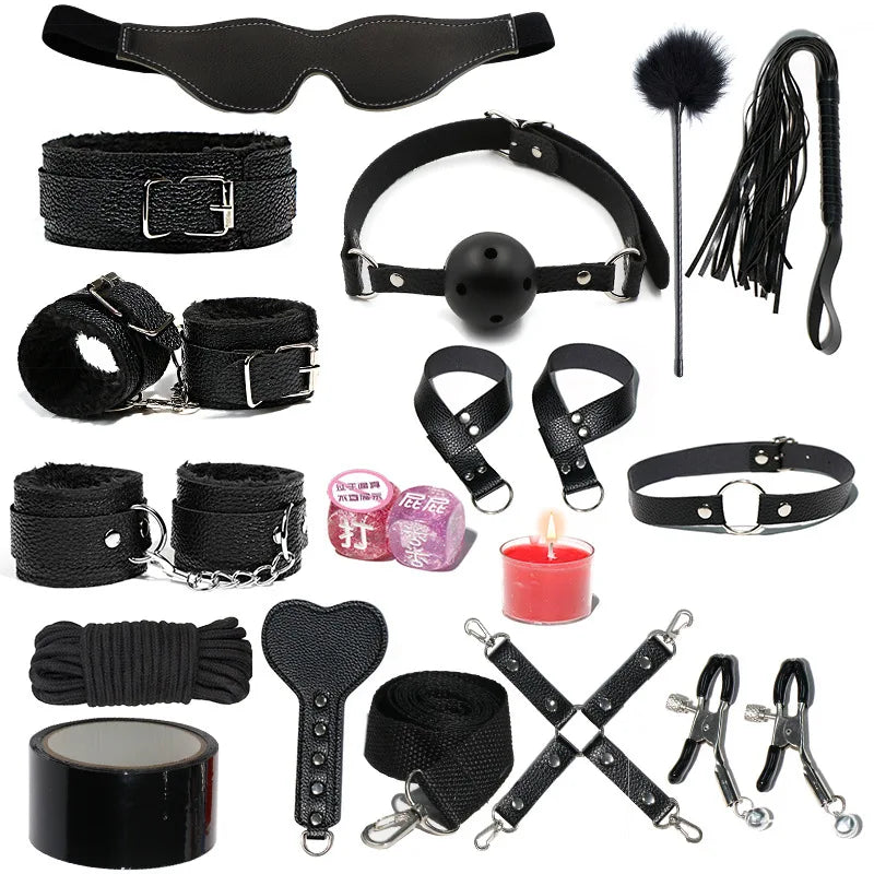 18 PCS Set 4 Colors BDSM  Fetish Sex Party Binding Handcuffs Leather Whip Anal Plug Adult Couples Intercourse Sex Toys Sex Play Tools Set