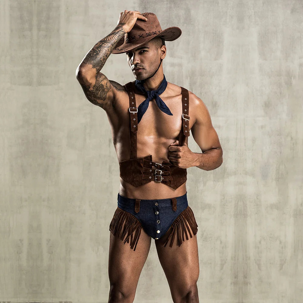 Gay 4Pieces Men Role Play Sexy Cowboy Uniform Set Cosplay Gay Bar Dance Costume Outfit