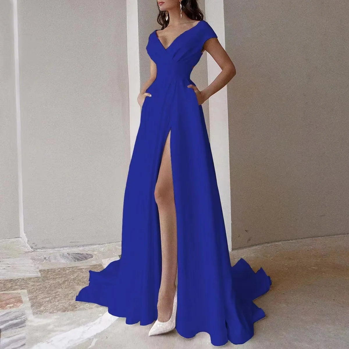 5 Colors Women Sexy V-Neck Evening Party Night Clubwear Long Maxi Dress Solid Elegant Sleeveless High Slit Dress Lady Fashion Off Shoulder Pleated Gown Ladies Sexy Apparel Supplies