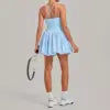 12 Colors S-XL Women's Professional Tennis Dress Cross Back U-Shape Backless Top Fluffy Pleated Skirt With Pocket Running Fitness Tennis Dress Women Sports Clothing Supplies