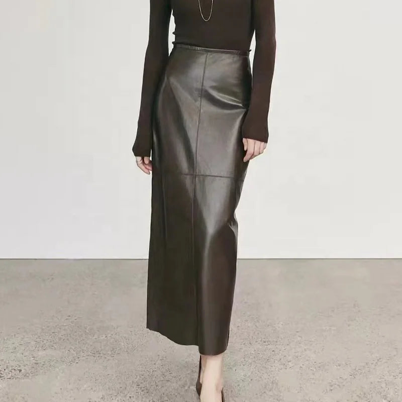 Boutique Gala HOT SALE 100% Real Suede Leather Women Maxi Length Brown/Black Color Leather Skirt Genuine Leather Autumn Spring Summer Office Lady Leather Skirt Ladies Luxury Apparel Accessories
