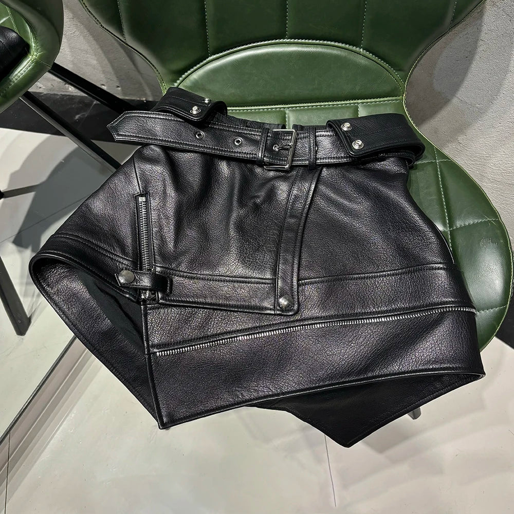100% Sheepskin Real Genuine Leather Asymmetrical Mini Skirt Black/Burgundy/Pink Color S-3XL Plus Size Fitted Leather Skirt with Belt Women's Real Leather Skirt Autumn Spring Women Luxury Apparel Accessories