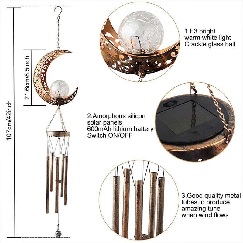 Wind Chimes Solar Lights LED Bulbs Lithium Battery Outdoor Waterproof Hanging Aeolian bells Solar Lamp With Moon Star Sun Shape For Party Garden Festival