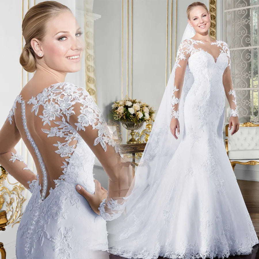 NEW Arrivals O-Neck Long Sleeve Mermaid See Through Illusion Back Bridal Gowns Plus Size Wedding Dresses Bride's Evening Prom Party Bridal Luxury Gowns