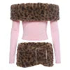2 PCS Set Pink/Blue/Black Color Women Sexy Autumn Winter Fashion Women Evening Rave Party Night Clubwear Outfits Fur Leopard Splice Off Shoulder Crop Top and Fur Mini Skirt Women Sexy Clothing Supplies