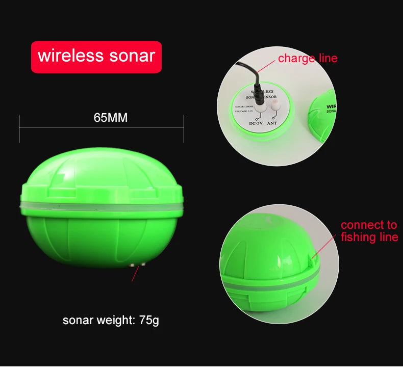 English Language 100-200meters Professional Wireless Sonar Fish Finder Dot Matrix Sonar Sensor Transducer Depth Echo Sounder  Recharged Battery Ocean Lake River Fishing Supplies