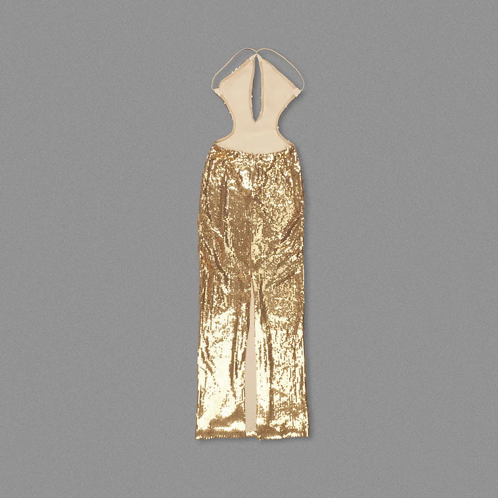 BEST PRICE  Luxury Top Quality Black/Golden Color Boutique Hot Sale Women Sexy Sleeveless Evening Party Wedding Guest Business Night Prom  Halter Sequin Backless Maxi Dresses Formal Gowns