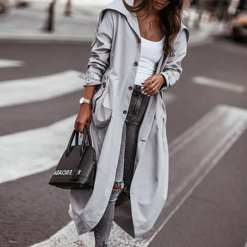 4 Colors S-XL Women's Long Trench Coat Ladies Autumn Jacket Long Sleeve Turn Down Collar Pockets Zipper Up Trench Coats Windbreaker Woman Casual Clothing Supplies