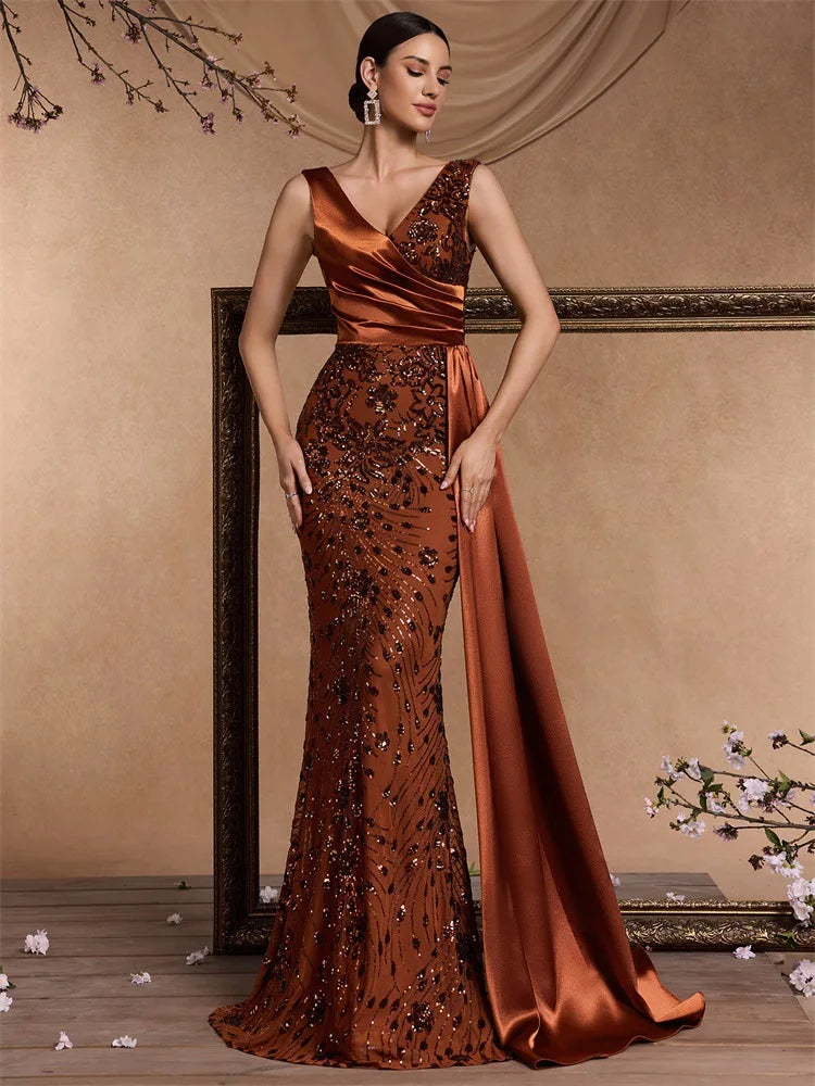 Mother of the Bride S-2XL Women's Luxury Satin Gowns for Women Evening Dresses Elegant V-Neck Sleeveless Sequin Mermaid Bridesmaid Dresses Wedding Party Dress Ladies Luxury Apparel Supplies