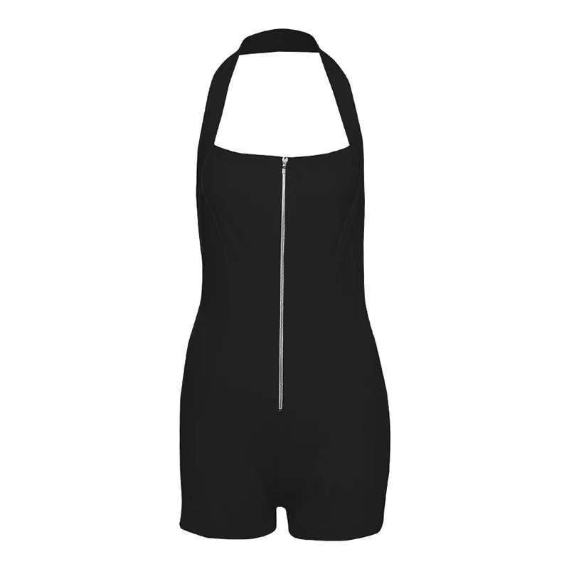 Black/White/Brown Color Summer Casual Fitness Knitted Sexy Slim Halter Zipper Skinny Above Knee Women's Jumpsuit Pure Color Backless Evening Beach Party Night Clubwear Prom Sexy Outfits