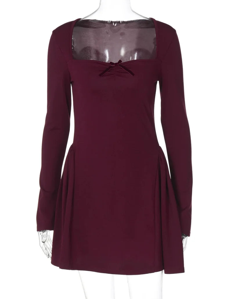 New Fashion 8 Colors Autumn Spring  Sexy Elegant Long Sleeves Evening Party Night Clubwear  Ruched Women Clothes Solid Mini Dresses