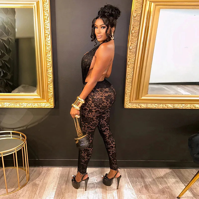 NEW Arrivals Black/Red Color Women Sexy Evening Party Night Clubwear Hot Sexy Sleeveless Backless Lace Pants Jumpsuit