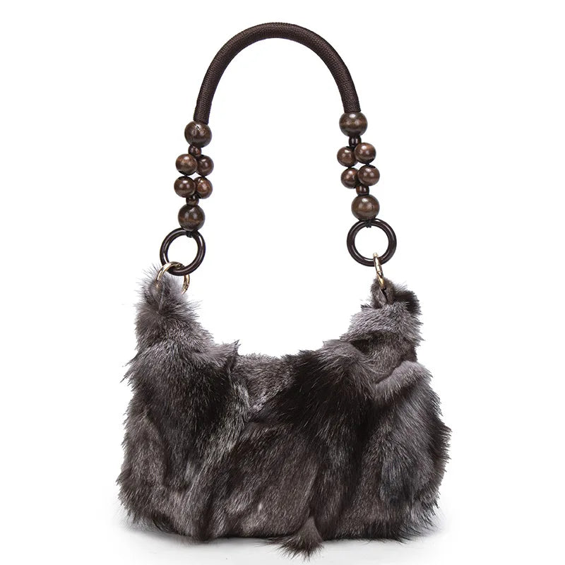 NEW Fashion Artificial Fox Fur Patchwork Underarm Bag Wooden Beaded Strap Women Fluffy Shoulder Purse Eco Faux Fur Handbag Women Apparel Accessories