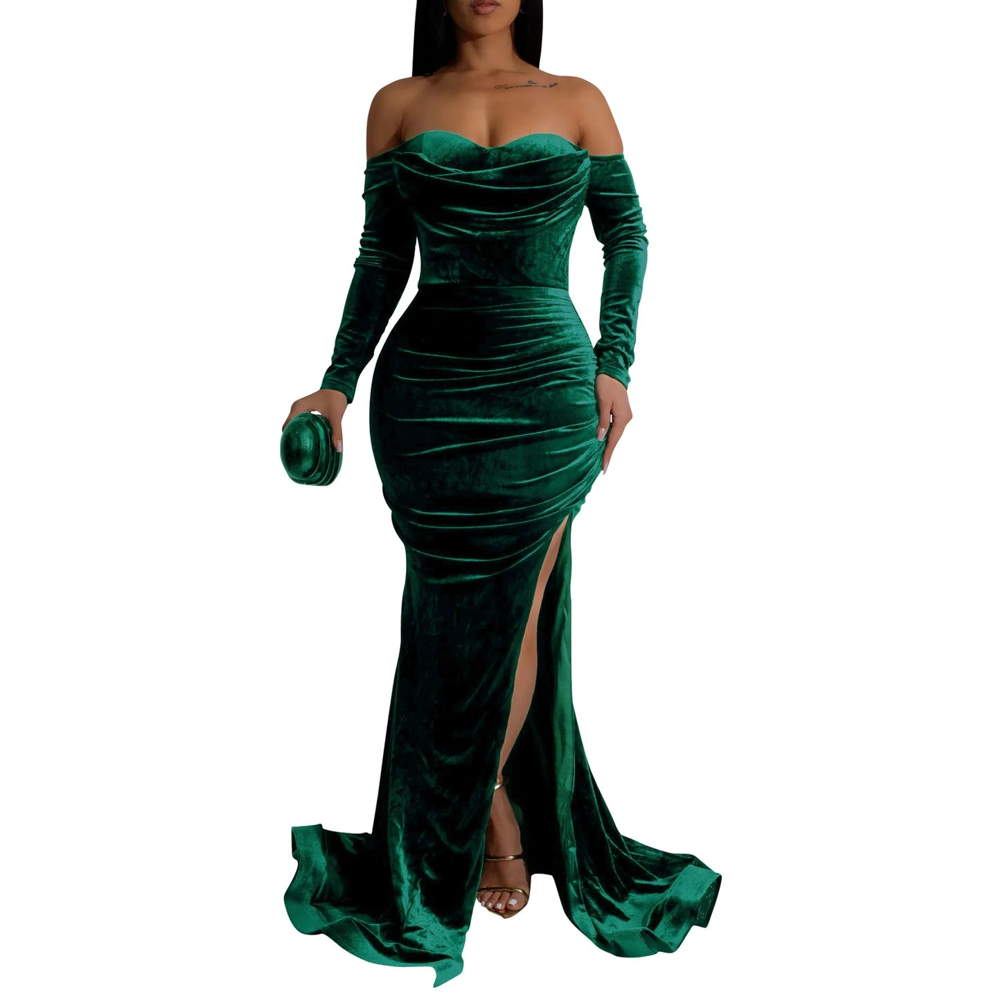 S-2XL Velvet Trendy Gowns for Women Evening Dresses Night Clubwear Prom Elegant Long Sleeve off Shoulder Slim Velvet Maxi Party Dresses Women Mermaid Dress