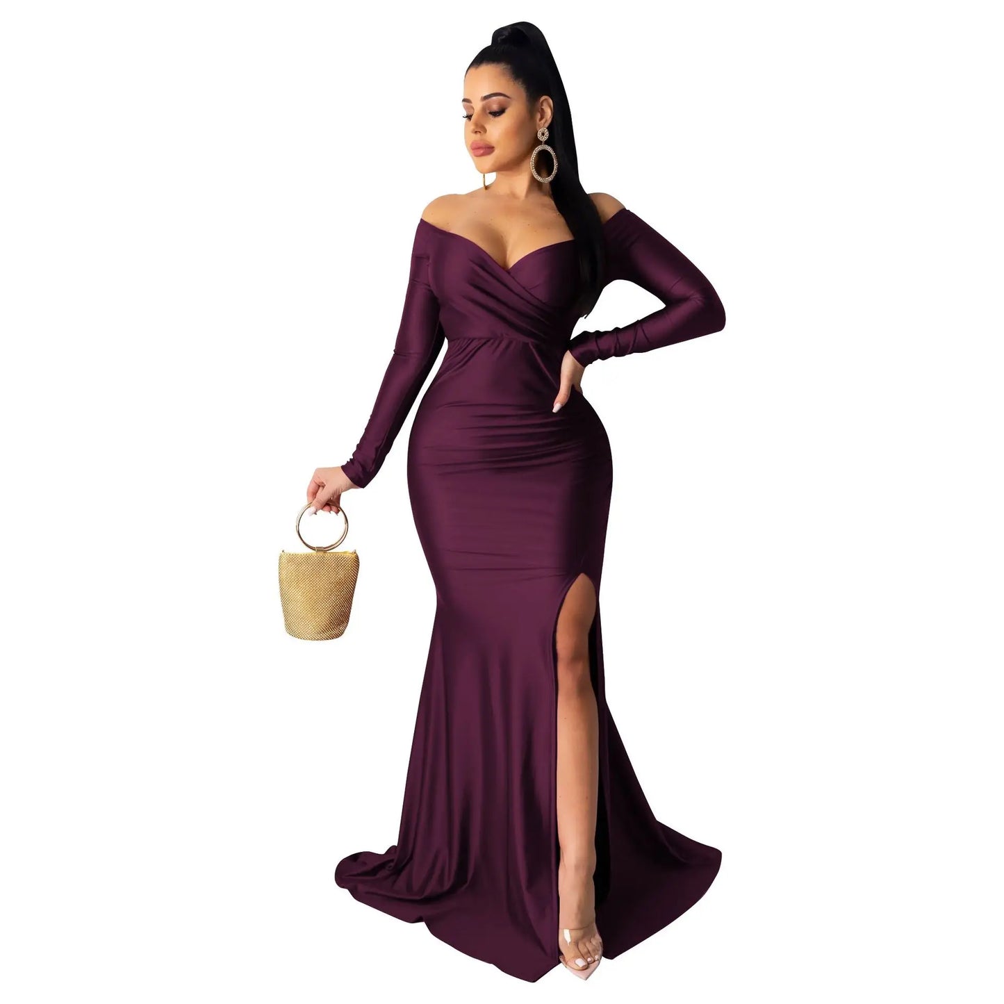 New Arrival S-2XL Women Luxury Gowns Wedding Guest Bridesmaid Evening Dresses High Slit Long Sleeve V-Neck Maxi Dress Ladies Long Party Dresses Women Luxury Apparel Supplies