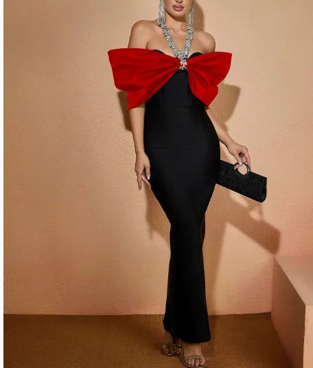 Boutique HOT SALE 5 Colors Women Sexy Striking Black Shoulder Evening Party Wedding Guest Clubwear Prom Ball Gown Celebrities Red Carpet Crafted From Smooth Structured Satin Voluminous Ruffled Sleeves Drape Ladies Luxury Appa