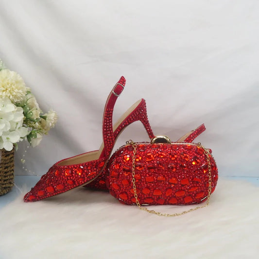 NEW Luxurious 10 Colors Summer Female Red Sandals Crystal Party Sandals Purse Set Wedding Shoes Bridal Woman Fashion Pointed Toe Thin Heel Sandals Girls Ladies Luxury Fashion Apparel Accessories Sets Clothing Supplies