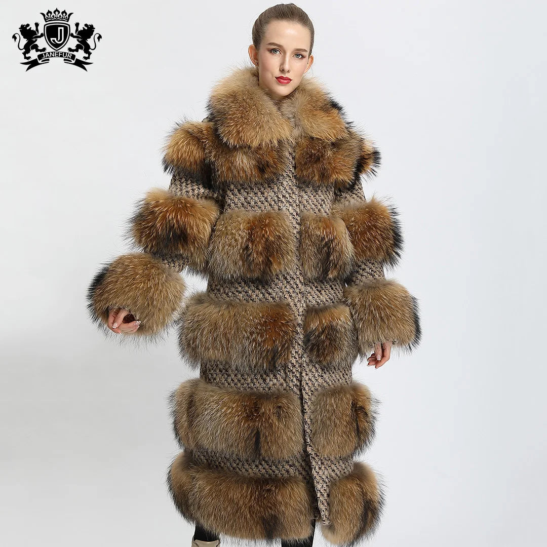 100% Natural Raccoon Fur 4 Colors Women's Winter Long Jacket Style Real Raccoon Fur Coat Plush Fashion Design Long Outerwear Fur Coat Evening Business Party Prom Celebrity Ladies Luxury Apparel Supplies