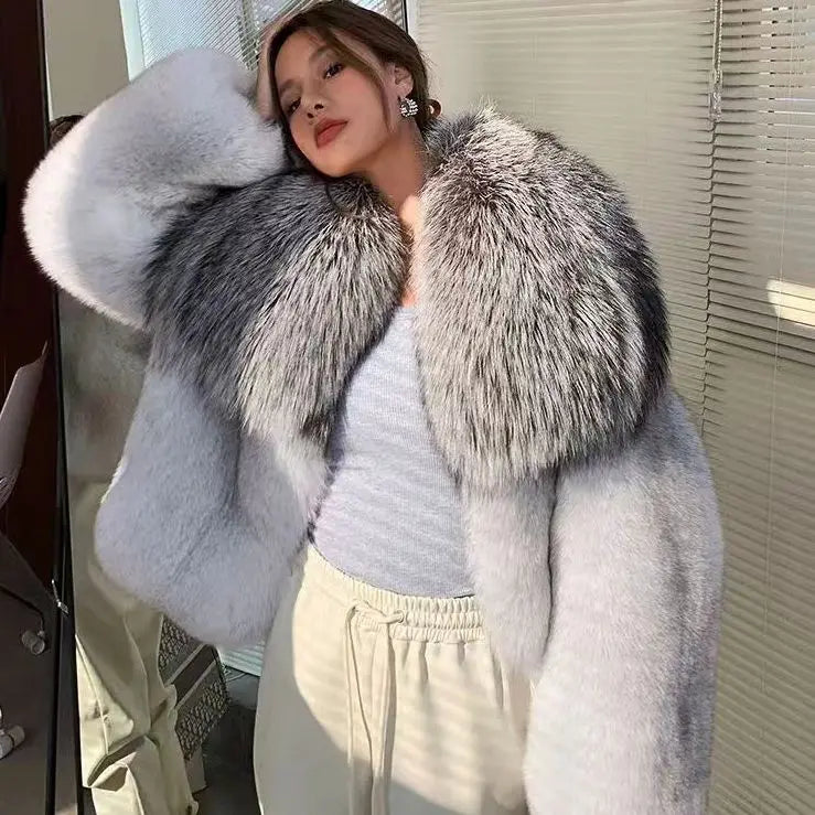 Real Natural Fox Fur Black & White Color S-2XL Luxury Winter Warm Real Cropped Fox Fur Coat Women With Big Silver Fox Fur Collar Evening Business Party Prom Ladies Luxury Apparel Supplies