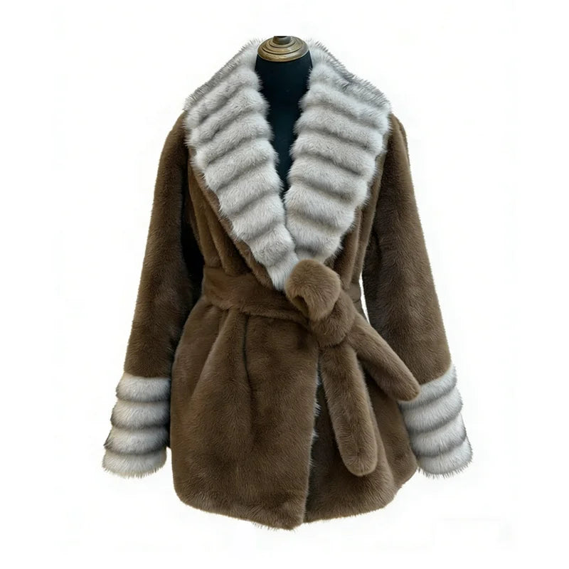 Black/Beige/Brown Color S-2XL Women's Premium Top Quality Artificial  Fur Coat Contrast Striped Wide Lapels Waist-Cinching Slim Fit Adjustable Waistline Eco-Friendly Thick Outerwear Jackets Ladies Luxury Clothing Supplies