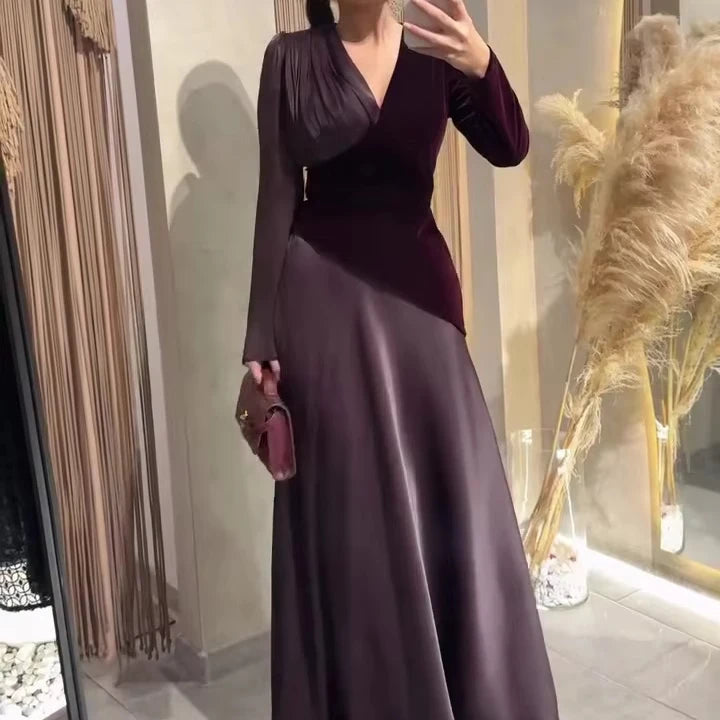NEW Luxury Ankle-Length Slim-Fit Elegant V-Neck Long Sleeve Arabic Turkish Abaya Dresses for Muslim Women Birthday Evening Party & Wedding Guest Evening Wear Muslims Apparel Clothing Supplies