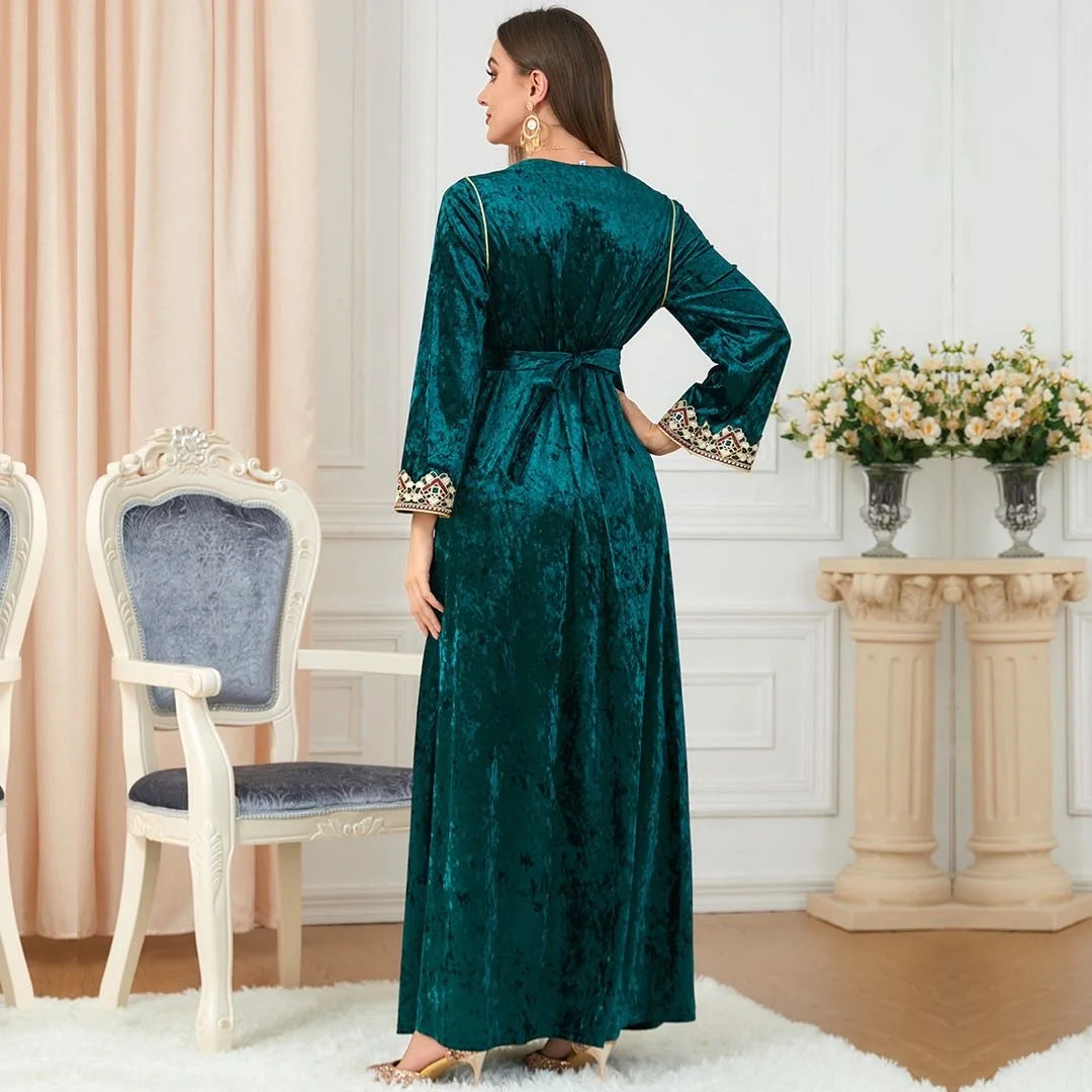 Autumn and Winter Religious Women's Muslim Long Sleeve V-Neck Embroidery Solid Maxi Standard Loose Formal Dresses