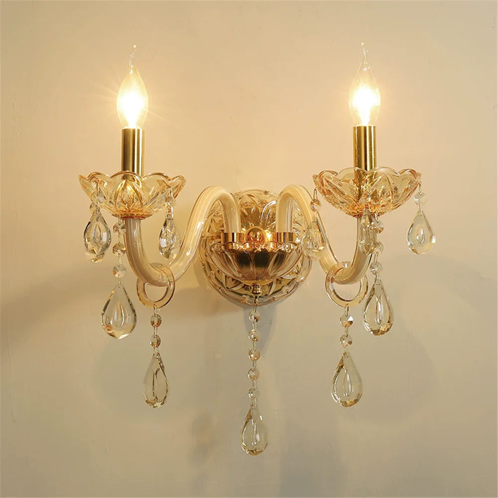 Villa Home Luxury European 3/5 Lights Champagne Crystal Candle Wall Lamp for Bedroom Corridor Villa Hotel Staircase Decor Lighting