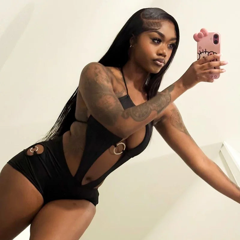 Hot Sexy New Summer Sexy Backless Jumpsuit for Women Halter Neck O-Ring Hollow Out Night Clubwear Evening Beach Party One Piece Playsuit Women Summer Spring Fashion Apparel Supplies