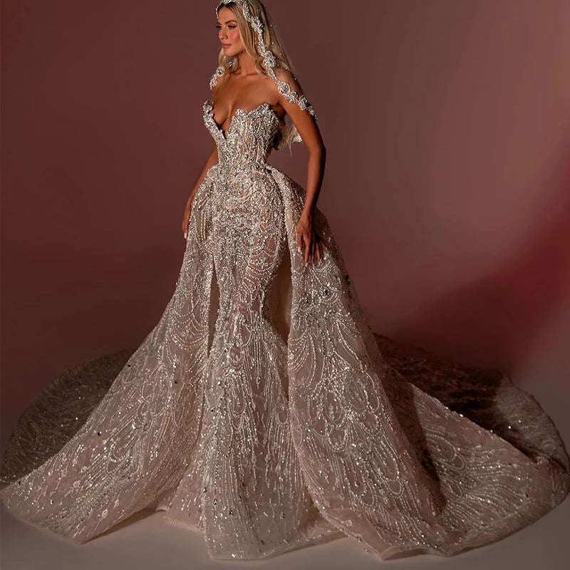 Boutique HOT SALE Top Luxury Mermaid Champagne Wedding Dresses for Women Sweetheart Neck Sleeveless Bridal Gown Sweep Train Crystal Sequins Skirt Ladies Luxury Clothing Supplies
