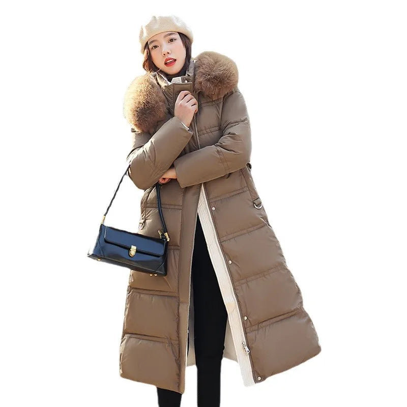 2025 Winter New Down Cotton Jacket Women's X-Long Faux Fur Collar Padded Jacket Thick Loose Large Size Jacket