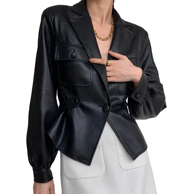 Boutique Gala HOT SALE Green/(Few Units Left) White/Black Color M-2XL Autumn Spring  Women's Real Genuine Leather Jacket Sexy Leather Blazer Evening Party Coat Ladies Luxury Apparel Supplies