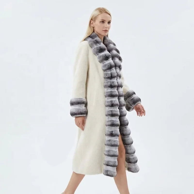 Black/White Color Luxury Women Winter Full Length Faux Fur Coat Elegant Chinchilla Fur Collar Warm Long Overcoat Eco Women's Faux Fur Outerwear Coats Ladies Winter Apparel Supplies