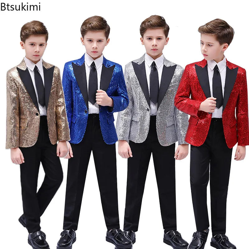 4 PCS Set 5 Colors Boys Formal Wedding Guest Suit Kids  Luxury Jacket Shirt Pants Tie Party Blazer Children Piano Performance Ceremony Costume Birthday Evening Party Children Luxury Apparel Supplies