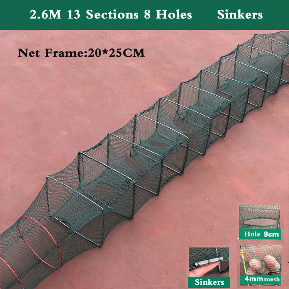 7-19 Sections 12 Holes Top Quality Professional Portable Folded Long Fishing Net 1.5M-5.5M, Crab Fish Net, Hand Casting Cage Crab Net, Mesh Trap Catcher Live Fish for Lobster