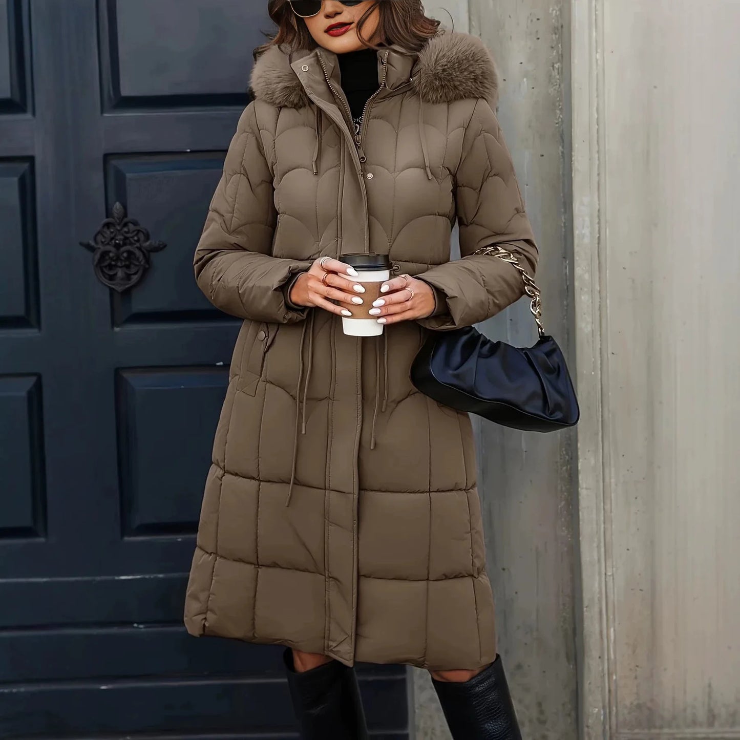 NEW Arrivals S-2XL 3 Colors Women Long Cotton Padded Windbreaker Coat Trendy Big Faux Fur Hood Drawstring Waist Thick Warm Winter Outerwear Jackets Women Clothing Supplies