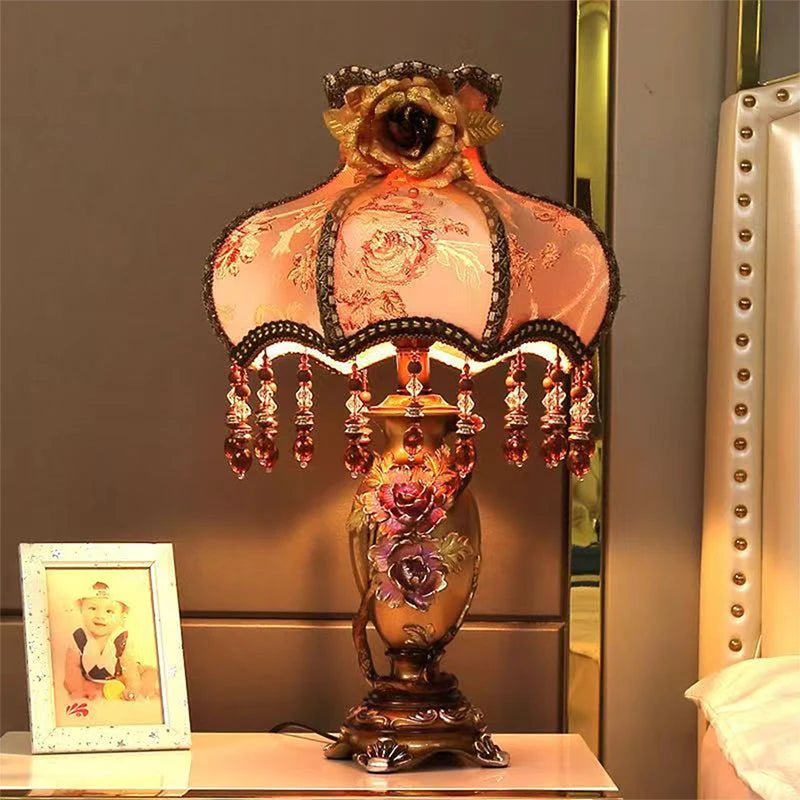 Green/Brown Color Home Villa Bedroom Bedside Living Room Luxury Lampshade European Table Lamp Luxurious Living Room Bedroom Study Villa Hotels LED Retro Creativity Bedside Desk Light.