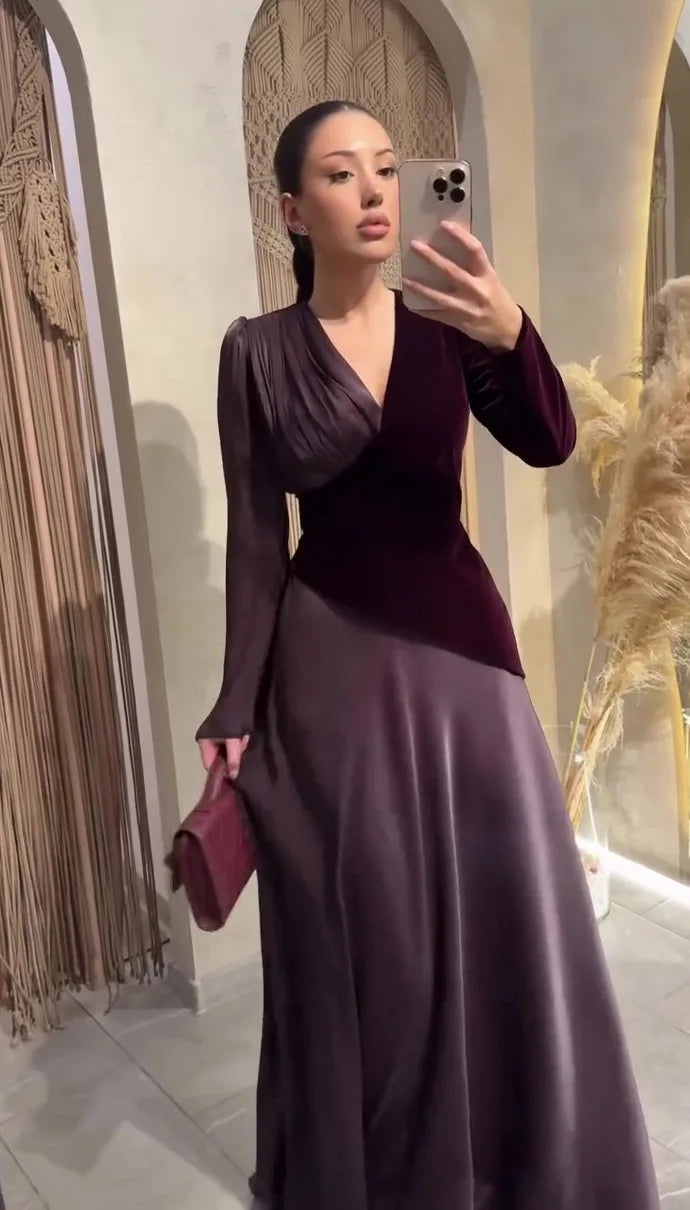NEW Luxury Ankle-Length Slim-Fit Elegant V-Neck Long Sleeve Arabic Turkish Abaya Dresses for Muslim Women Birthday Evening Party & Wedding Guest Evening Wear Muslims Apparel Clothing Supplies