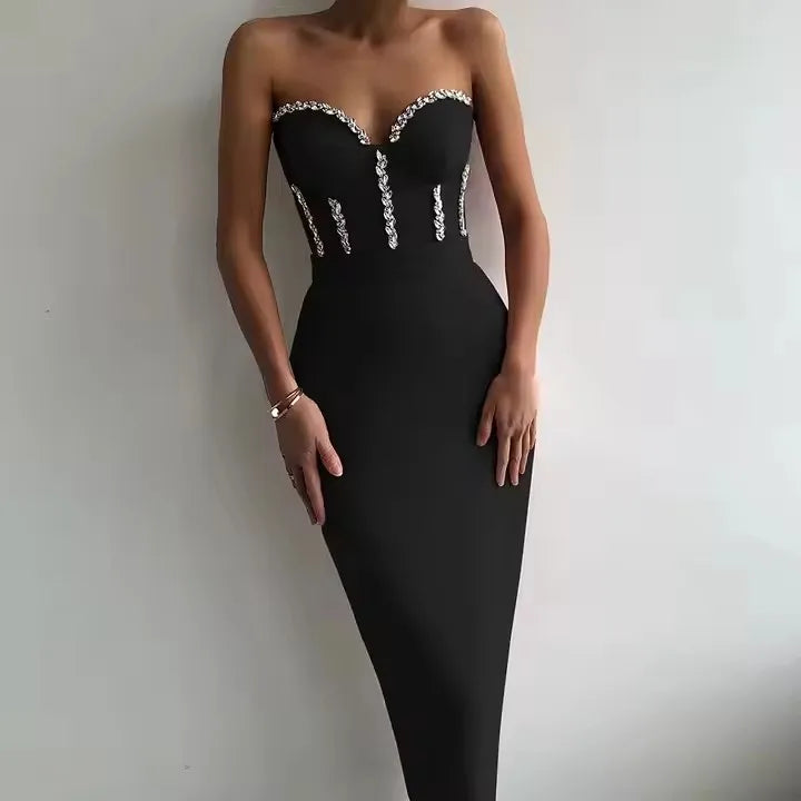 NEW White/Black/Beige/Red Color Summer Autumn Clothes Bandage Bodycon New Elegant Beading Party Evening Club Midi Dresses Sexy Strapless Women Dress