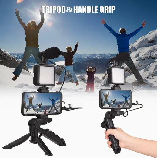 Handheld Phone Video Cage Kit Dual LED Fill Light Shotgun Wired Microphone Smartphone Rig for Vlogging Live Streaming Studio Content Creation YouTube TikTok Videos Maker Social Media Tools Set