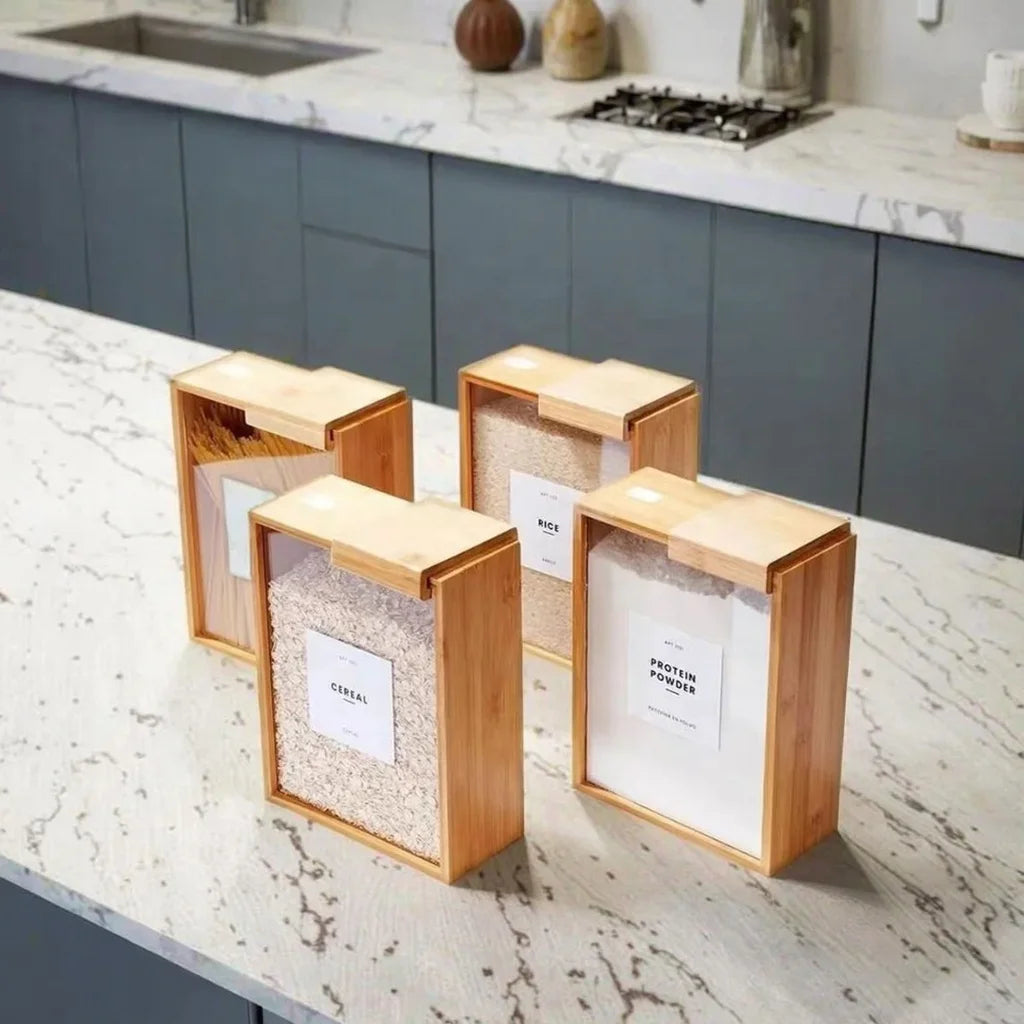 NEW Modern Design Bamboo Wood Rectangular Kitchen 3L Food Dispenser with Lid Used for Storing Grains Rice Flour Snacks and Candies Kitchenware Accessories Preparing Cooking Tools