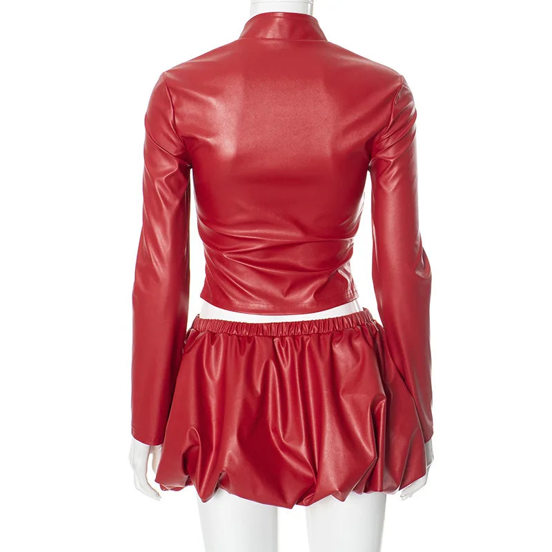 2 PCS Set New Autumn Spring Fashion Women's Long Sleeve Zipper Crop Jacket Mini Puffer Skirt PU Leather Women Sexy Short Skirt Evening Rave Party Night Clubwear Women Sexy Clothing Supplies