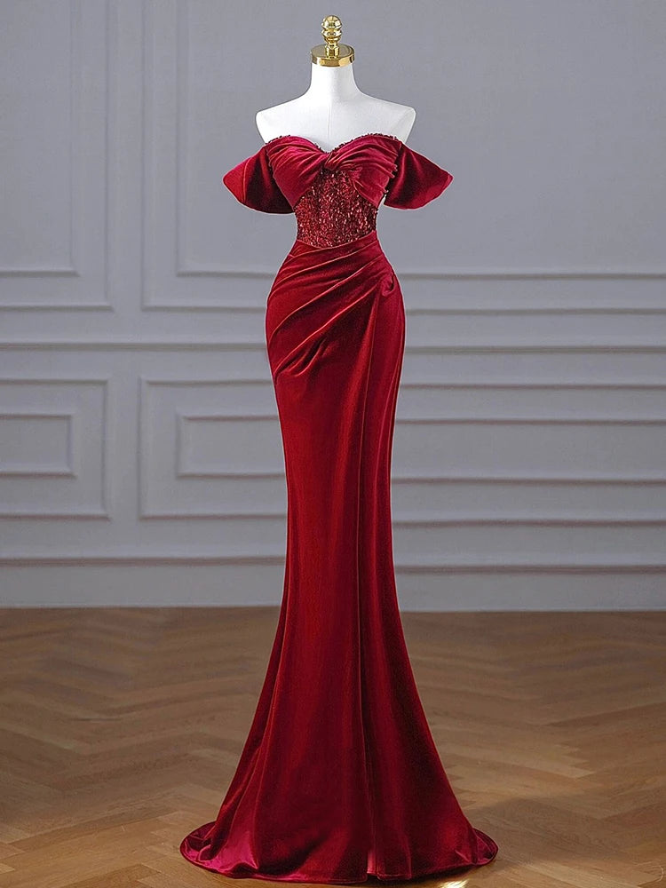 Boutique Gala HOT SALE Satin Maxi Gown Celebrities Red Carpet High Quality Christmas Red Floor Length Pearl Sequin Mermaid Evening Party Dress Off Shoulder Satin Formal Gown Gala Dresses