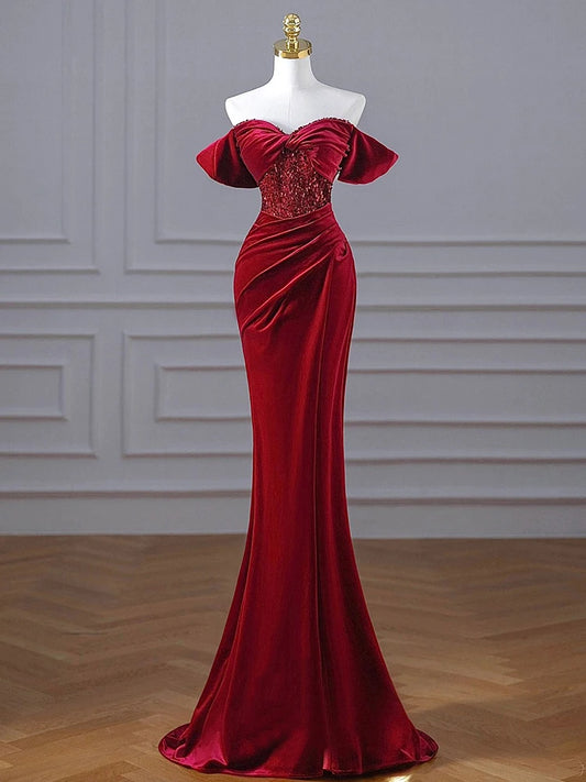 Boutique Gala HOT SALE Satin Maxi Gown Celebrities Red Carpet High Quality Christmas Red Floor Length Pearl Sequin Mermaid Evening Party Dress Off Shoulder Satin Formal Gown Gala Dresses
