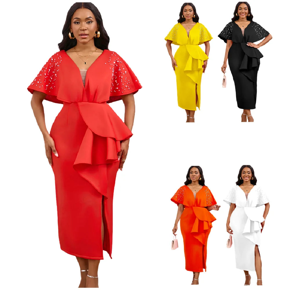 S-3XL Plus Size Women's Latest Design Spring Autumn Summer Sexy Fashion Evening Party Dress Women Sexy V-Neck Ruffle Split Beaded Elegant Evening Dresses Ladies Clothing Supplies