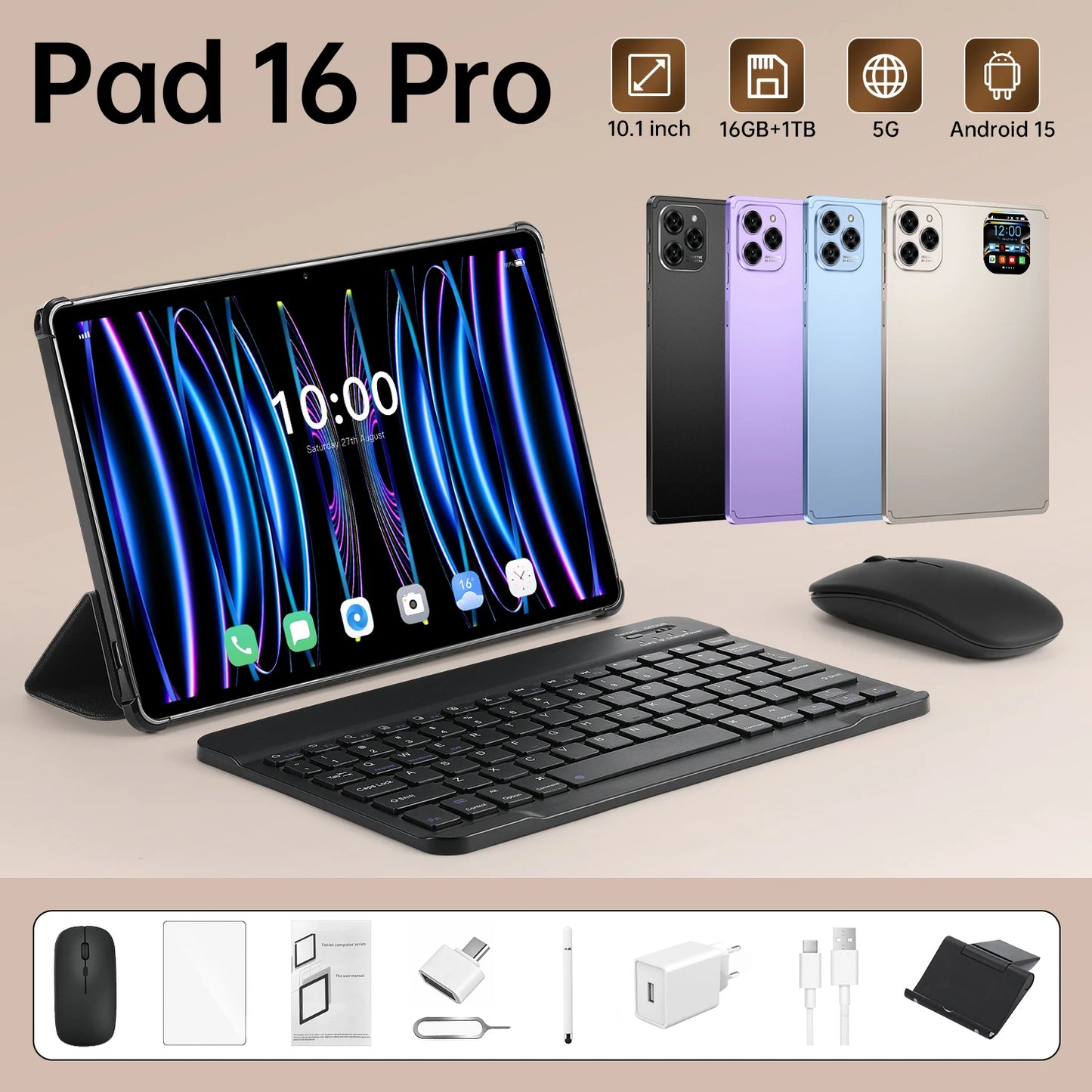 NEW Design Pad 16 PRO 16GB+1TB 5G Smart Tablet 10.1 Inch High Resolution Capacitive Touch Screen 10000mAh Battery
