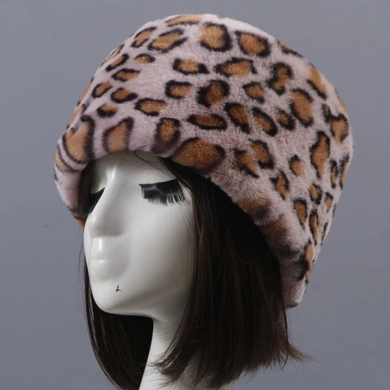 Luxury Siberian Style Leopard Women Girls Winter Warm Hat Faux Fur Hat Head Ears Cover Caps Ladies Thick  Beanies Female Bomber Hat Flat Top Russian Hat Female Ladies Luxury Fashion Clothing Products